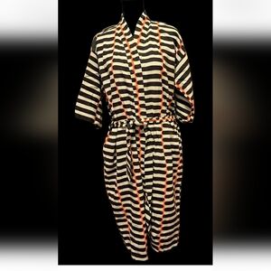 Marimekko Ikea Kimono Bathrobe Womens  S/M Green Black Striped Cotton Belted